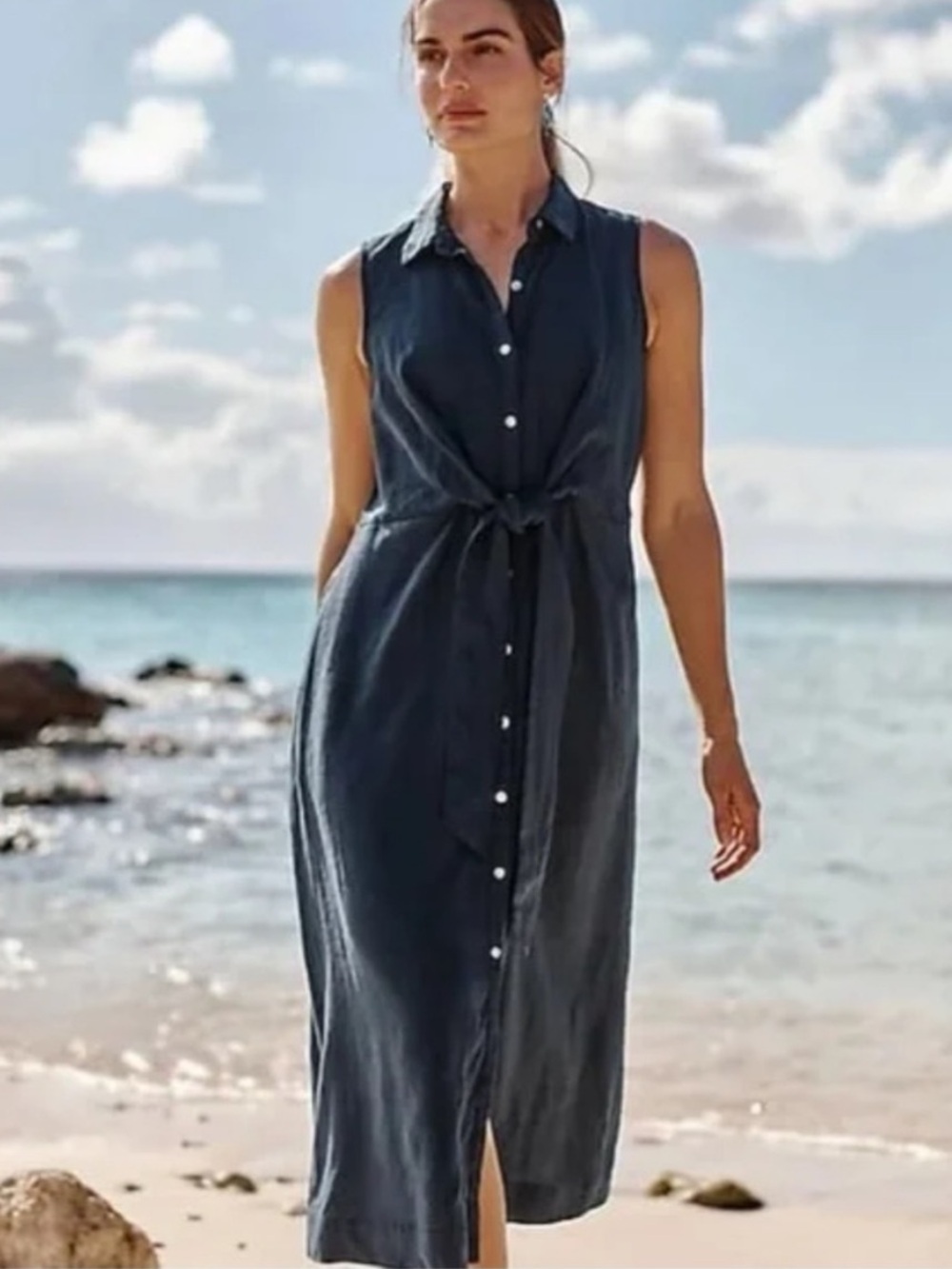 J. Jill Love Linen Sleeveless Button Front Tie-Waist Midi Dress in Navy Blue